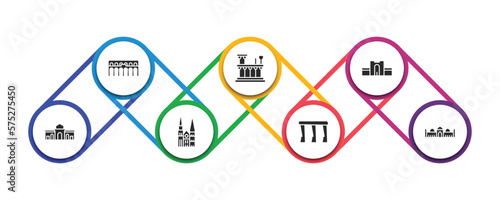 monuments filled icons with infographic template. glyph icons such as segovia aqueduct, roman theatre of merida, medieval walls in avila, alcala gate, chartres cathedral, bay, badshahi mosque