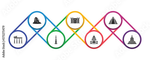 monuments filled icons with infographic template. glyph icons such as canyon, barcelona, maya pyramid, temple of apollo, philippines, united states capitol, borobudur vector.