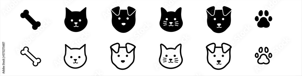 Cat, dog and paws icon. Black and white set Cat, dog and paws icon. Black and white set