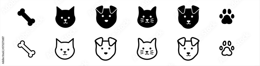 Cat, dog and paws icon. Black and white set