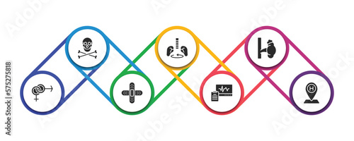 medical filled icons with infographic template. glyph icons such as skull and bone, breath control, adrenal gland, united heterosexual, plastering, diagtic, hospital placeholder vector.
