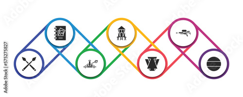 miscellaneous filled icons with infographic template. glyph icons such as scrapbook, granary, flame thrower, spears, catapult, abstract, german vector.