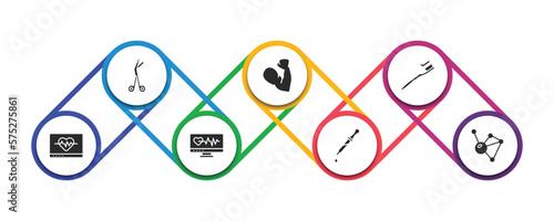 medical filled icons with infographic template. glyph icons such as opened medical scissors, strong, brush with tooth paste, heart rate monitor, medical heart scan, eye dropper, molecular