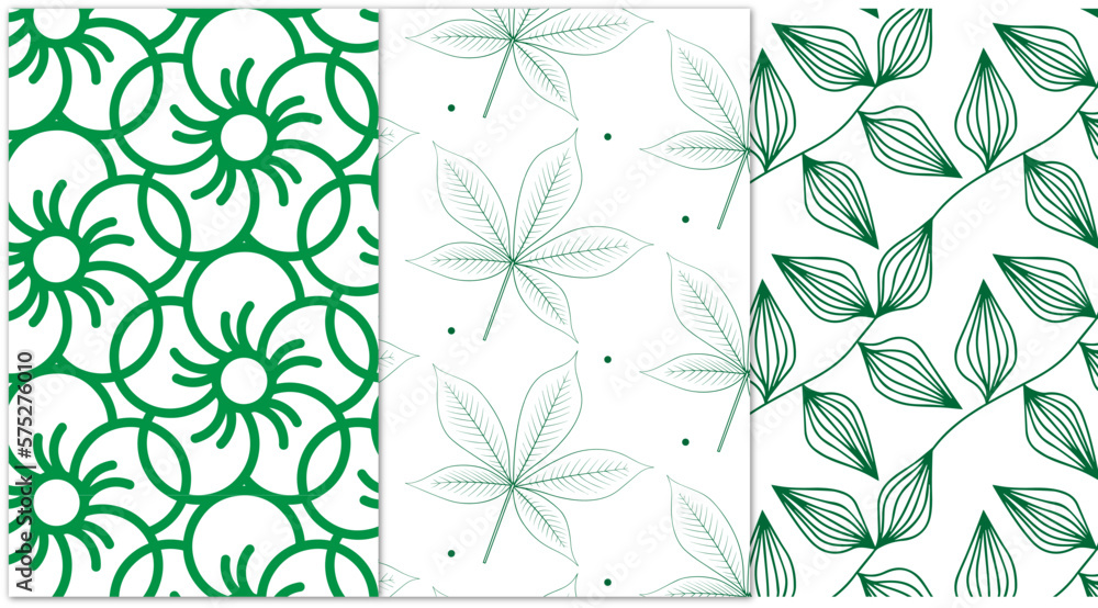 Fototapeta premium set of minimalistic seamless pattern with flowers and leaves in green color 