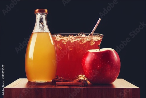 Fotobehang Red apple with apple cider vinegar or juice splash. Generative AI