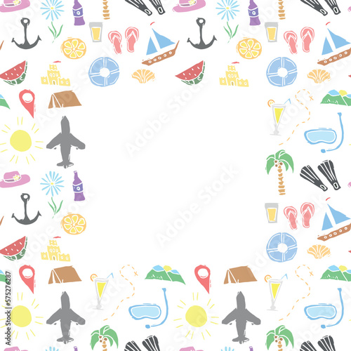Summer seamless frame. travel background. Travel vacation set of icons, journey and trip background. Doodle summer travel icons. Vacation vector frame with travel icons