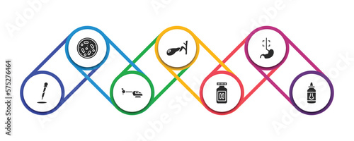 medical filled icons with infographic template. glyph icons such as cells in a circle, gallbladder, esophagus, dosage medical tool, heliport, pills jar, l vector.