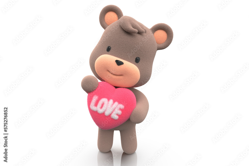 Teddy bear holding a heart with the word love written on it. 3D Render. Teddy bear holding a heart with the word love written on it. 3D Render.