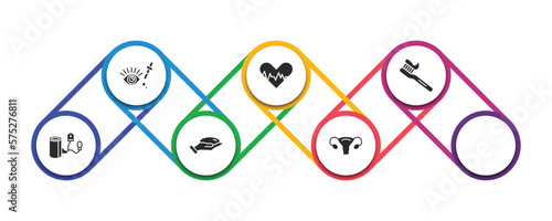 medical filled icons with infographic template. glyph icons such as eye drops, cardiogram, tooth brush, blood pressure, , breast implant, uterus vector.