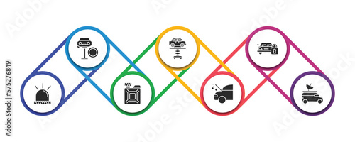 mechanicons filled icons with infographic template. glyph icons such as changing car tire, car lifter, car with padlock, beacon on, change oil, with heat problems, van an antenna vector.