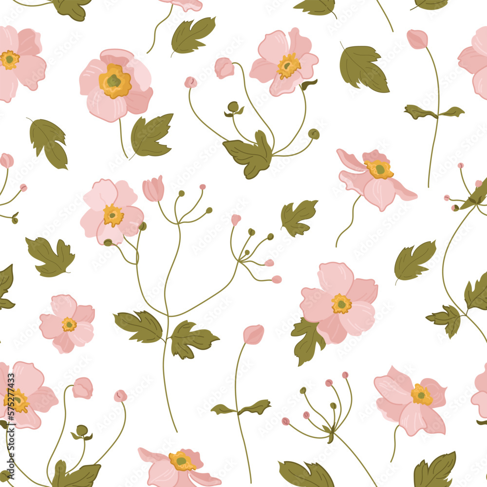 Seamless pattern of anemones, pink flowers for print, packaging, fabric, background, spring