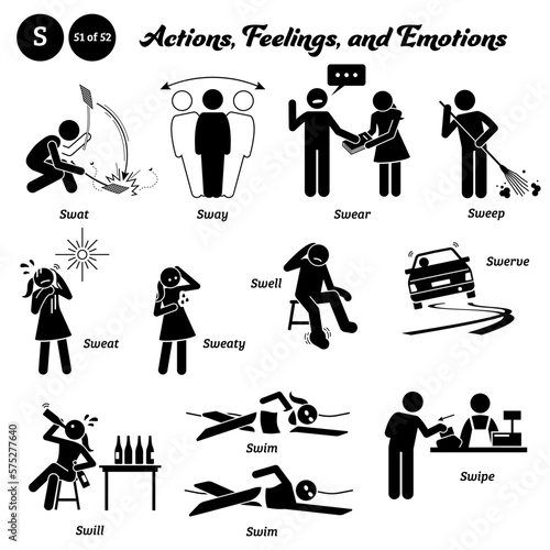 Stick figure human people man action, feelings, and emotions icons alphabet S. Swat, sway, swear, sweep, sweat, sweaty, swell, swerve, swill, swim, and swipe.