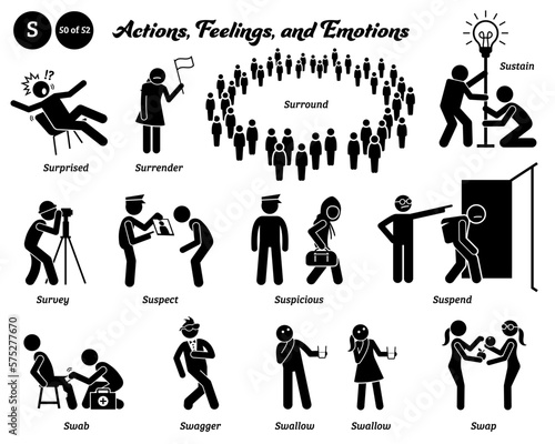 Stick figure human people man action, feelings, and emotions icons alphabet S. Surprised, surrender, surround, sustain, survey, suspect, suspicious, suspend, swab, swagger, swallow, and swap.