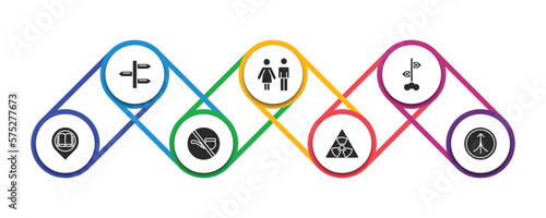 maps and flags filled icons with infographic template. glyph icons such as divarication, toilets, vintage, reading zone, no smoking pipe, radiactive, road joining vector.