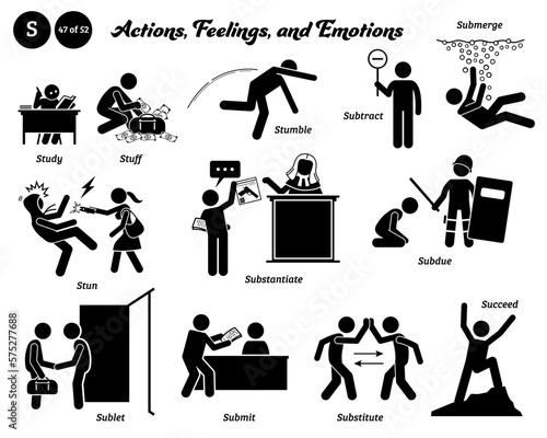 Stick figure human people man action, feelings, and emotions icons alphabet S. Study, stuff, stumble, substract, submerge, stun, substantiate, subdue, sublet, submit, substitute, and succeed.
