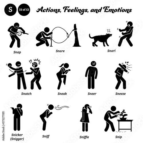 Stick figure human people man action, feelings, and emotions icons alphabet S. Snap, snare, snarl, snatch, sneak, sneer, sneeze, snicker, snigger, sniff, sniffle, and snip...