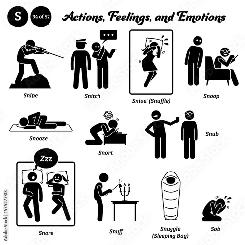 Stick figure human people man action, feelings, and emotions icons alphabet S. Snipe, snitch, snivel, snuffle, snoop, snooze, snort, snub, snore, snuff, snuggle, sleeping bag, and sob... photo