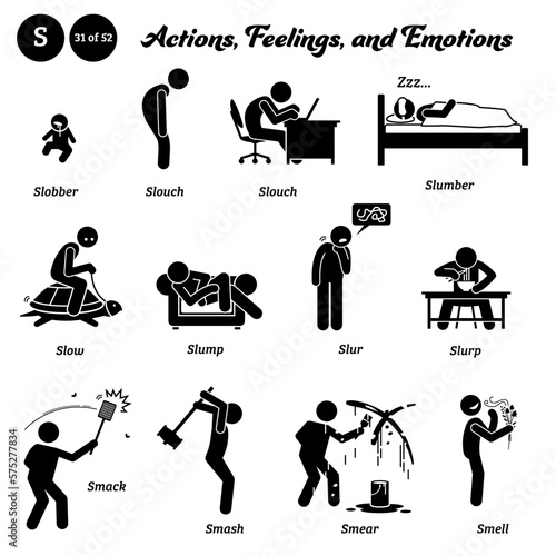 Stick figure human people man action, feelings, and emotions icons alphabet S. Slobber, slouch, slumber, slow, slump, slur, slurp, smack, smash, smear, and smell...