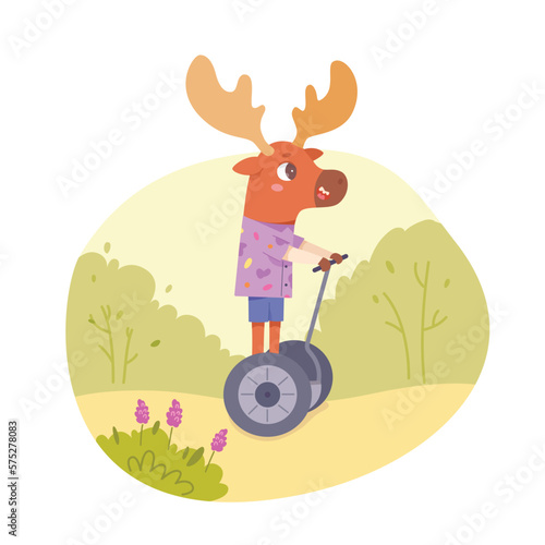 Cute deer riding segway in park vector illustration. Cartoon baby elk character driving electric scooter in fun city ride, animal on hoverboard with wheels, travel of animal with eco transport