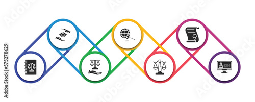 law and justice filled icons with infographic template. glyph icons such as child custody, diploy, scroll with law, law book, justice scales in hand, business criminal database vector.