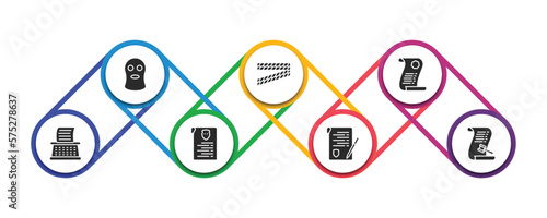 law and justice filled icons with infographic template. glyph icons such as balaclava, police line, legal paper, stenographer, criminal record, contract law, law paper vector.