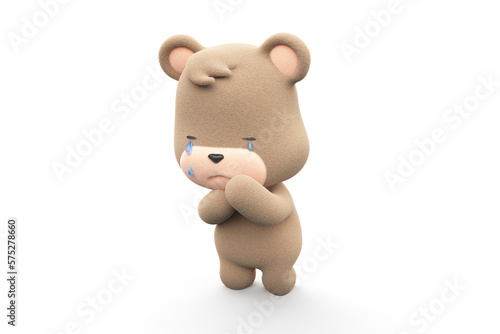 Sad and crying teddy bear. Teddy bear with tear dripping isolated on white background 3D Render.