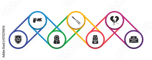 law and justice filled icons with infographic template. glyph icons such as electroshock weapon, butterfly knife, divorce, police badge, counsel, attorney, crime letter vector.