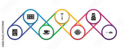 kitchen filled icons with infographic template. glyph icons such as molded, meat tenderizer, jar, recipe book, saucer, paella, frying pan vector.