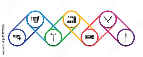 kitchen filled icons with infographic template. glyph icons such as measuring cup, kitchen cabinet, knives, mould, corkscrew, bun warmer, paddle vector.