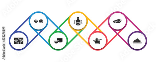 kitchen filled icons with infographic template. glyph icons such as cookie cutter, apron, broiler, stove, dishes, squeezer, platter vector.