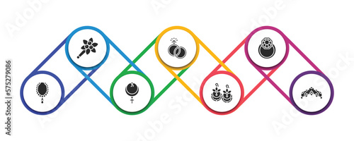 jewelry filled icons with infographic template. glyph icons such as brooch, engagement, jewelry, pearl necklace, anj, earring, tiara vector.