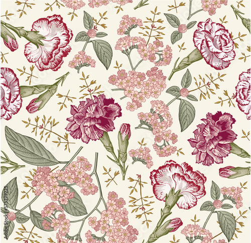 Seamless pattern. Beautiful blooming realistic isolated flowers. Vintage background fabric. Carnation clove Heliotrope wildflowers. Wallpaper baroque. Drawing engraving. Vector victorian illustration 