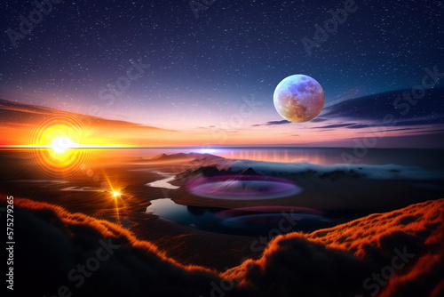  sunset sun down and moon rise at starry night sky  and moon on  sea seascape ,landscape 