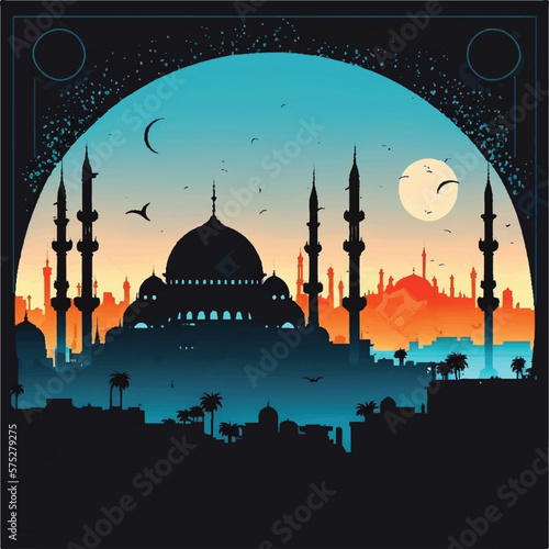 Ramadan month city and mosque night view with crescent islamic concept, flat design minimak style vector