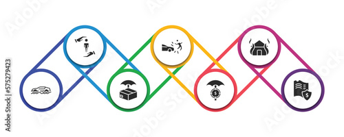 insurance filled icons with infographic template. glyph icons such as protection, accident, fire insurance, flood risk, delivery insurance, finances, actual cash value vector.