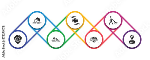 insurance filled icons with infographic template. glyph icons such as sinking, moving insurance, bite, deposit insurance, drown, hospitalization, wounded vector.