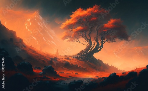 Sunset over the mountains with tree. Landscape illustration. Generative AI technology.