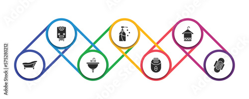 hygiene filled icons with infographic template. glyph icons such as water heater, pump bottle, face towel, bathroom, washbasin, epliator, sanitary napkin vector.