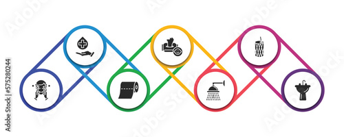 hygiene filled icons with infographic template. glyph icons such as sanitary, baby wipe, toothpick, face washer, paper towel, douche, washbowl vector.