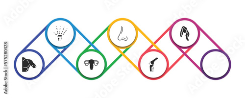 human body parts filled icons with infographic template. glyph icons such as ball of the knee, human hand bones, male e of a line, long wavy hair variant, men shoulder, human uterus, kneecap vector.