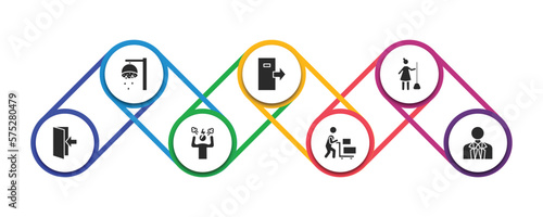 humans filled icons with infographic template. glyph icons such as showering, out, woman sweeping, come in, angry man, hotel supplier, businessman with tie vector.