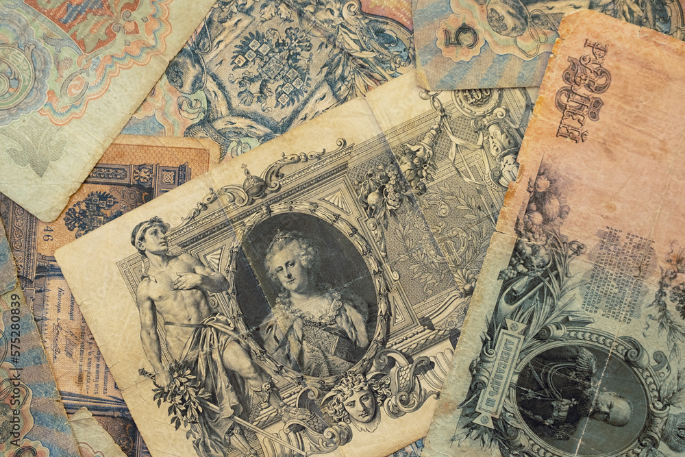 Naklejka premium Background of Money of tsarist Russia. 100, 25, 5, 3 Rubles Banknote From Russian Empire, Rare Paper Money From 19th Century. Ruble Paper Banknote From Imperial Russia