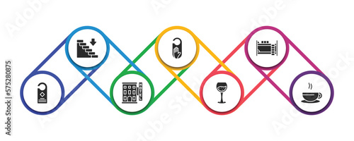 hotel and restaurant filled icons with infographic template. glyph icons such as go down, do not disturb, bunk, door hanger, hotel, wine glass, coffee vector.