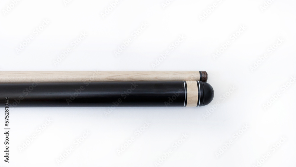 Billiard cues on a white background. Parts of a billiard cue close-up. Live photos of a billiard cue Billiard cues on a white background. Parts of a billiard cue close-up. Live photos of a billiard cue