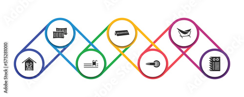 hotel and restaurant filled icons with infographic template. glyph icons such as pillow, reserved, hammock, restaurant, pool, doorknob, agenda vector.