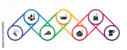 hotel filled icons with infographic template. glyph icons such as spa, bathtub, nightstand, sauna, pizza, rice, toilet paper vector.