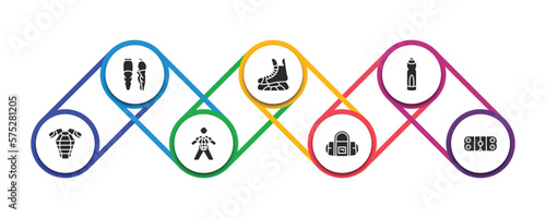hockey filled icons with infographic template. glyph icons such as shin, ice skate, drink, armour, hockey player, bag, ice court vector.