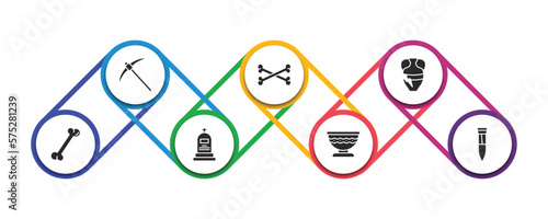 history filled icons with infographic template. glyph icons such as pick, bones, archaeological, bone, tomb, bowl, tool vector.