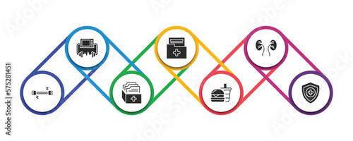 health and medical filled icons with infographic template. glyph icons such as defibrillator, medical result, urology, chest expander, medical file, fast food, shield vector.