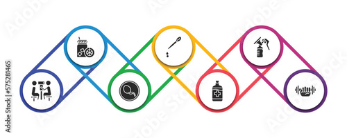 health and medical filled icons with infographic template. glyph icons such as orange juice, pipette, breast pump, optometrist, spermatozoon, syrup, gym vector.